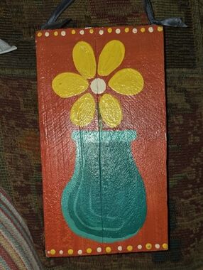 Hand-Painted Yellow Flower Wall Plaque with Teal Vase